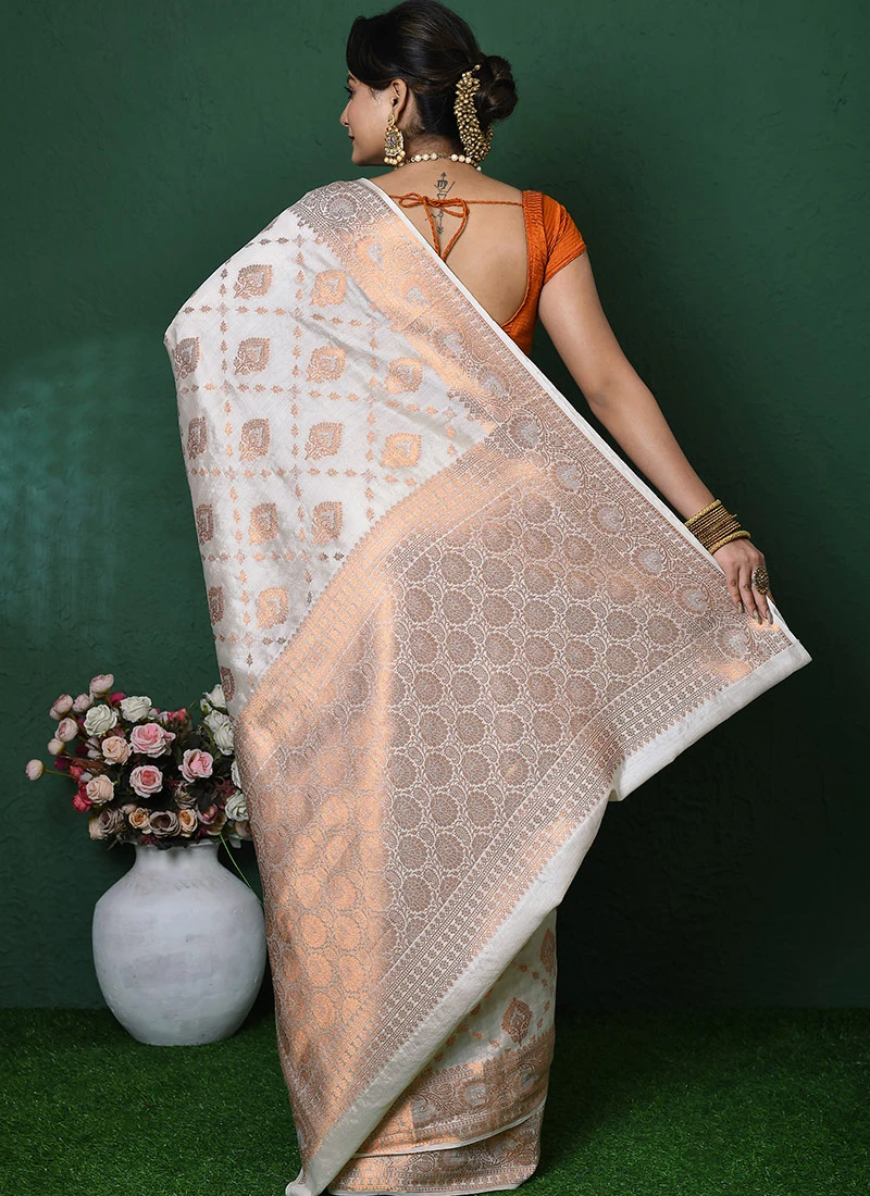 Off White Color Zari Work Pure Silk Saree Festive Wear 4 Off White Color Zari Work Pure Silk Saree Festive Wear - Image 4