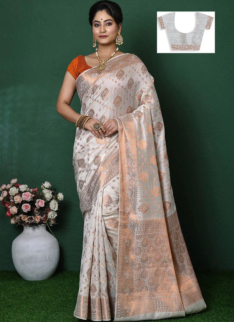Off White Color Zari Work Pure Silk Saree Festive Wear 3 Off White Color Zari Work Pure Silk Saree Festive Wear - Image 3