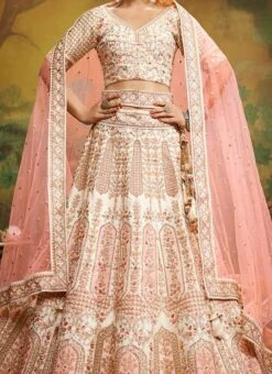Off White Embroidered Pure Silk Umbrella Lehenga Wedding Wear