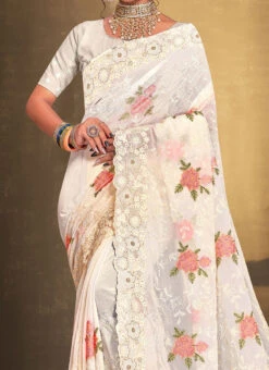 Off White Faux Georgette Embroidered Saree Party Wear