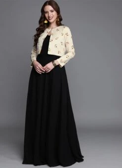 Off White N Black Embroidered Jacket Style Gown After Six Wear -Deals Chic Lehenga Store off white n black embroidered jacket style gown IWBS01910263 u