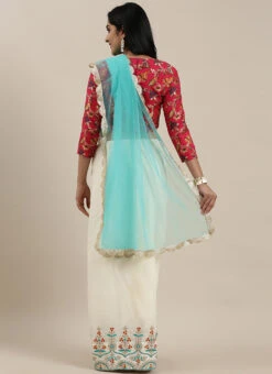 Off White N Red Embroidered Half N Half Saree Festive Wear -Deals Chic Lehenga Store off white n red embroidered half n half saree SABS02001319 b