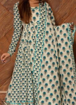 Off White Pure Cotton Printed Anarkali Suit Party Wear