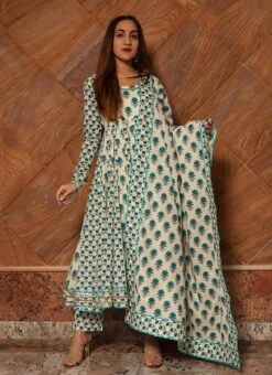 Off White Pure Cotton Printed Anarkali Suit Party Wear -Deals Chic Lehenga Store off white pure cotton printed anarkali suit sljpjrb1000 u