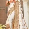 Off White Satin Blend Embroidered Saree Party Wear