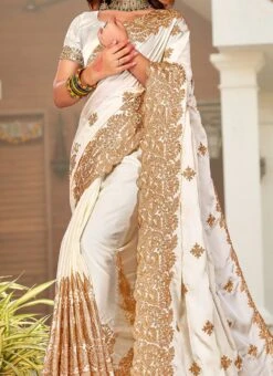 Off White Satin Blend Embroidered Saree Party Wear