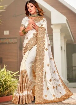 Off White Satin Blend Embroidered Saree Party Wear -Deals Chic Lehenga Store off white satin blend embroidered saree sasnf6925 u