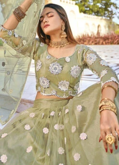 Olive Green Net Mirror Embroidered Umbrella Lehenga Wedding Wear -Deals Chic Lehenga Store olive green net mirror embroidered umbrella lehenga ghsom5002 b
