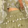 Olive Green Net Mirror Embroidered Umbrella Lehenga Wedding Wear