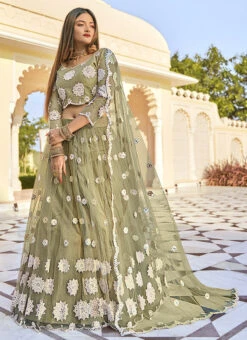 Olive Green Net Mirror Embroidered Umbrella Lehenga Wedding Wear -Deals Chic Lehenga Store olive green net mirror embroidered umbrella lehenga ghsom5002 u