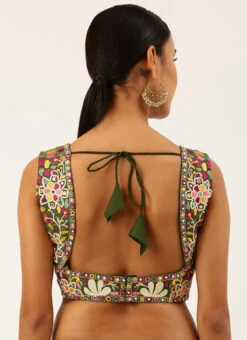 Olive Green Silk Embroidered Work Blouse Party Wear -Deals Chic Lehenga Store olive green silk embroidered work blouse blspfb134o b