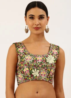 Olive Green Silk Embroidered Work Blouse Party Wear -Deals Chic Lehenga Store olive green silk embroidered work blouse blspfb134o u