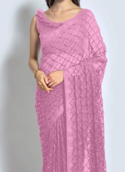 Onion Pink Georgette Sequins Saree Party Wear