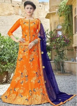 Orange Art Silk Embroidered A Line Lehenga Wedding Wear -Deals Chic Lehenga Store orange art silk embroidered a line lehenga ghssit32803 u