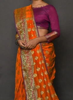 Orange Banarasi Katan Silk Zari Work Saree Party Wear