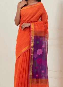 Orange Color Handloom And Thread Work Pure Khadi Saree Festive Wear