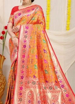 Orange Color Patola Silk With Zari Weaving Work Saree Party Wear