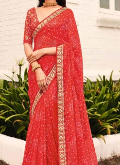 Orange Faux Georgette Bandhini Sari After Six Wear