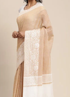 Orange Linen Woven Zari Work Saree Festive Wear