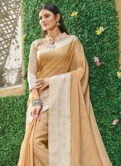 Orange Linen Zari Work Border Saree Party Wear -Deals Chic Lehenga Store orange linen zari work border saree sassgava1004 b