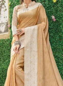 Orange Linen Zari Work Border Saree Party Wear