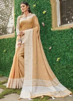 Orange Linen Zari Work Border Saree Party Wear -Deals Chic Lehenga Store orange linen zari work border saree sassgava1004 u