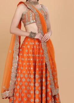 Orange Raw Silk Resham Embroidered Work Umbrella Lehenga Choli With Dupatta Wedding Wear