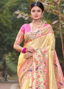 Paithani Silk Cream Color Zaru Weaving Work Saree Festive Wear -Deals Chic Lehenga Store paithani silk cream color zaru weaving work saree sasacw2209 b