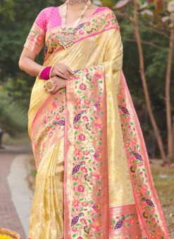 Paithani Silk Cream Color Zaru Weaving Work Saree Festive Wear