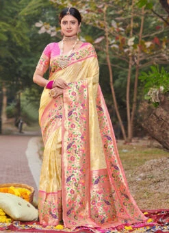 Paithani Silk Cream Color Zaru Weaving Work Saree Festive Wear -Deals Chic Lehenga Store paithani silk cream color zaru weaving work saree sasacw2209 u