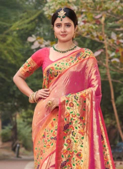 Paithani Silk Pink Color Zaru Weaving Work Saree Festive Wear -Deals Chic Lehenga Store paithani silk pink color zaru weaving work saree sasacw2212 b