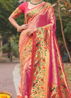 Paithani Silk Pink Color Zaru Weaving Work Saree Festive Wear