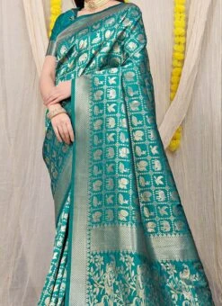 Patola Silk Zari Work Aqua Blue Color Saree Festive Wear
