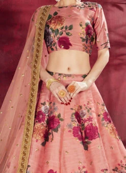 Peach Art Silk A Line Lehenga Party Wear