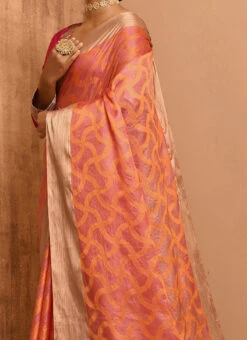 Peach Pure Tussar Silk Zari Work Saree Festive Wear