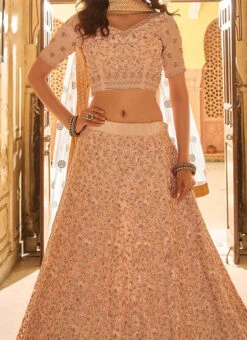 Peach Crepe Embroidered N Stones Umbrella Lehenga Wedding Wear
