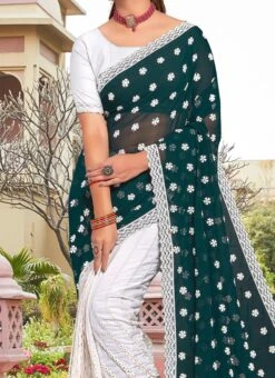 Rama Green Faux Georgette Embroidered Half And Half Saree Party Wear