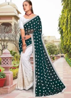 Rama Green Faux Georgette Embroidered Half And Half Saree Party Wear -Deals Chic Lehenga Store peach faux georgette embroidered half and half saree sasunk2095 u