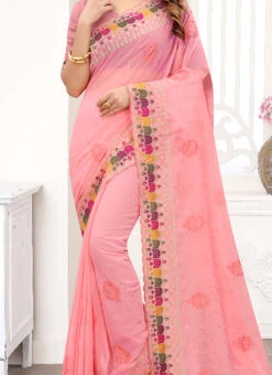 Peach Georgette Embroidery Work Saree Party Wear