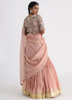 Peach Hand And Machine Embroidery Tafetta Half N Half Saree Wedding Wear -Deals Chic Lehenga Store peach hand and machine embroidery tafetta half n half saree saksaad358 b