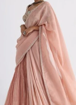 Peach Hand And Machine Embroidery Tafetta Half N Half Saree Wedding Wear