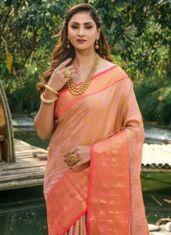 Peach Kancheepuram Silk Zari Weaving Work Saree Festive Wear -Deals Chic Lehenga Store peach kancheepuram silk zari weaving work saree sasom1920 b