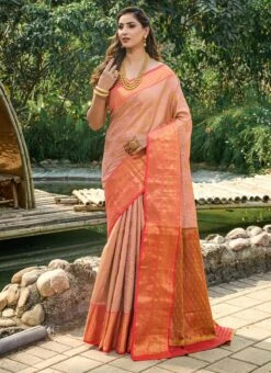 Peach Kancheepuram Silk Zari Weaving Work Saree Festive Wear -Deals Chic Lehenga Store peach kancheepuram silk zari weaving work saree sasom1920 u