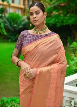 Peach Linen Bandhini Weaving Work Saree Festive Wear -Deals Chic Lehenga Store peach linen bandhini weaving work saree sasvw218 b