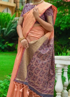 Peach Linen Bandhini Weaving Work Saree Festive Wear