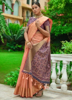 Peach Linen Bandhini Weaving Work Saree Festive Wear -Deals Chic Lehenga Store peach linen bandhini weaving work saree sasvw218 u