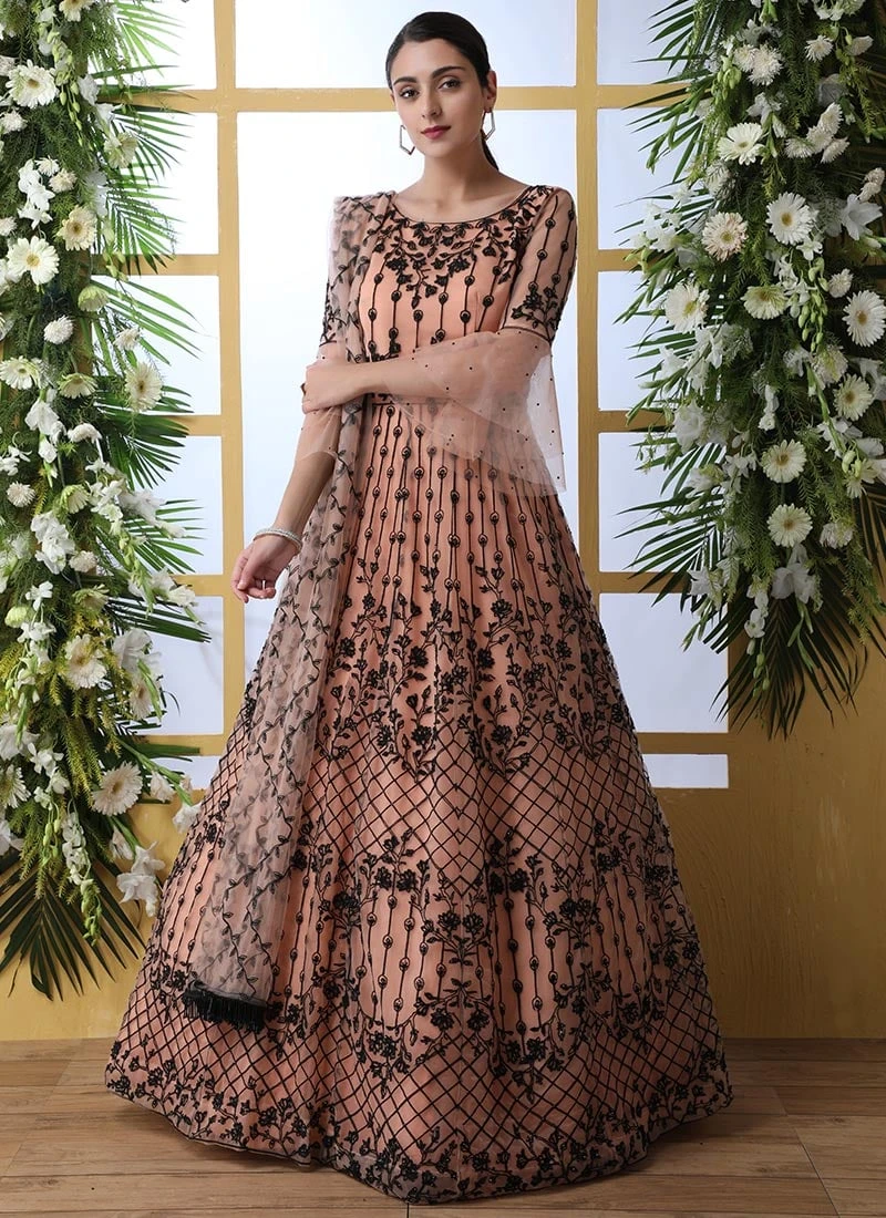 Peach Net Anarkali Gown Party Wear 3 Peach Net Anarkali Gown Party Wear - Image 3