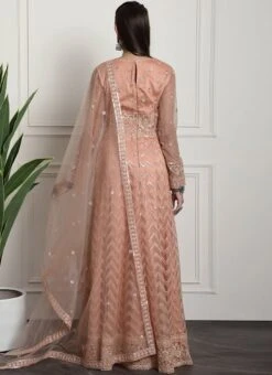 Peach Net Embroidered And Stones Gown Party Wear -Deals Chic Lehenga Store peach net embroidered and stones gown bgwrssls4020 b