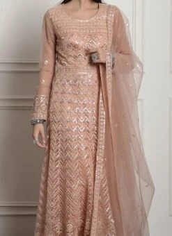 Peach Net Embroidered And Stones Gown Party Wear