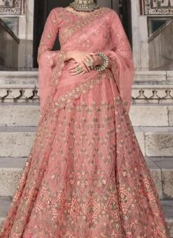 Peach Net Embroidered Designer Lehenga Choli Festive Wear